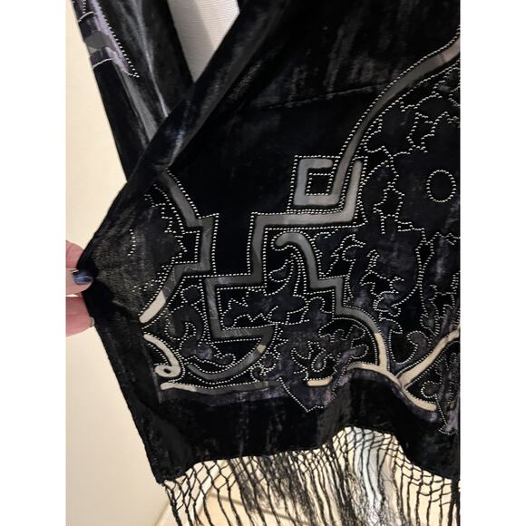 Managrove & NY Black Velvet Beaded Fringed Rectangle Scarf 20x86 - Picture 2 of 7